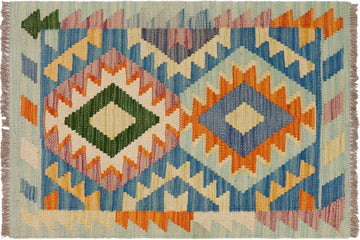 Flat Weave Kilim, Antique, Navaho, Vintage, Handmade, Geometric Kilim Blue Beige Hand-Woven Rectangle 100% Wool Area Rug 2 x 3